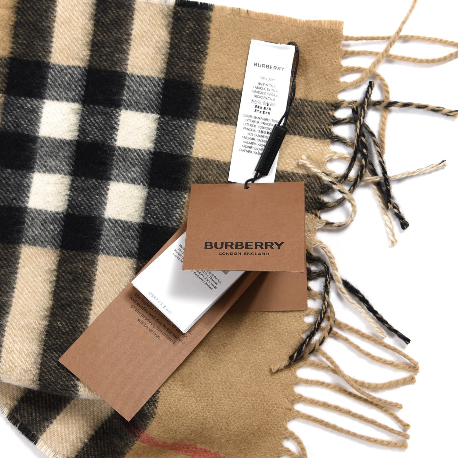 Burberry Cashmere Giant Check Monogram Reversible Fringe Scarf Archive Beige 4 of 4