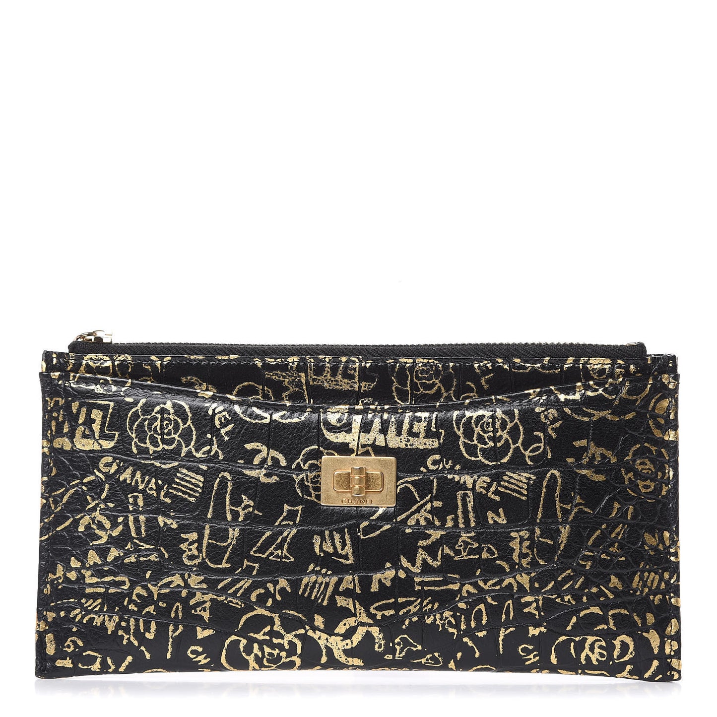 Calfskin Crocodile Embossed Graffiti 2.55 Cocodile Reissue Zip Pouch Black Gold