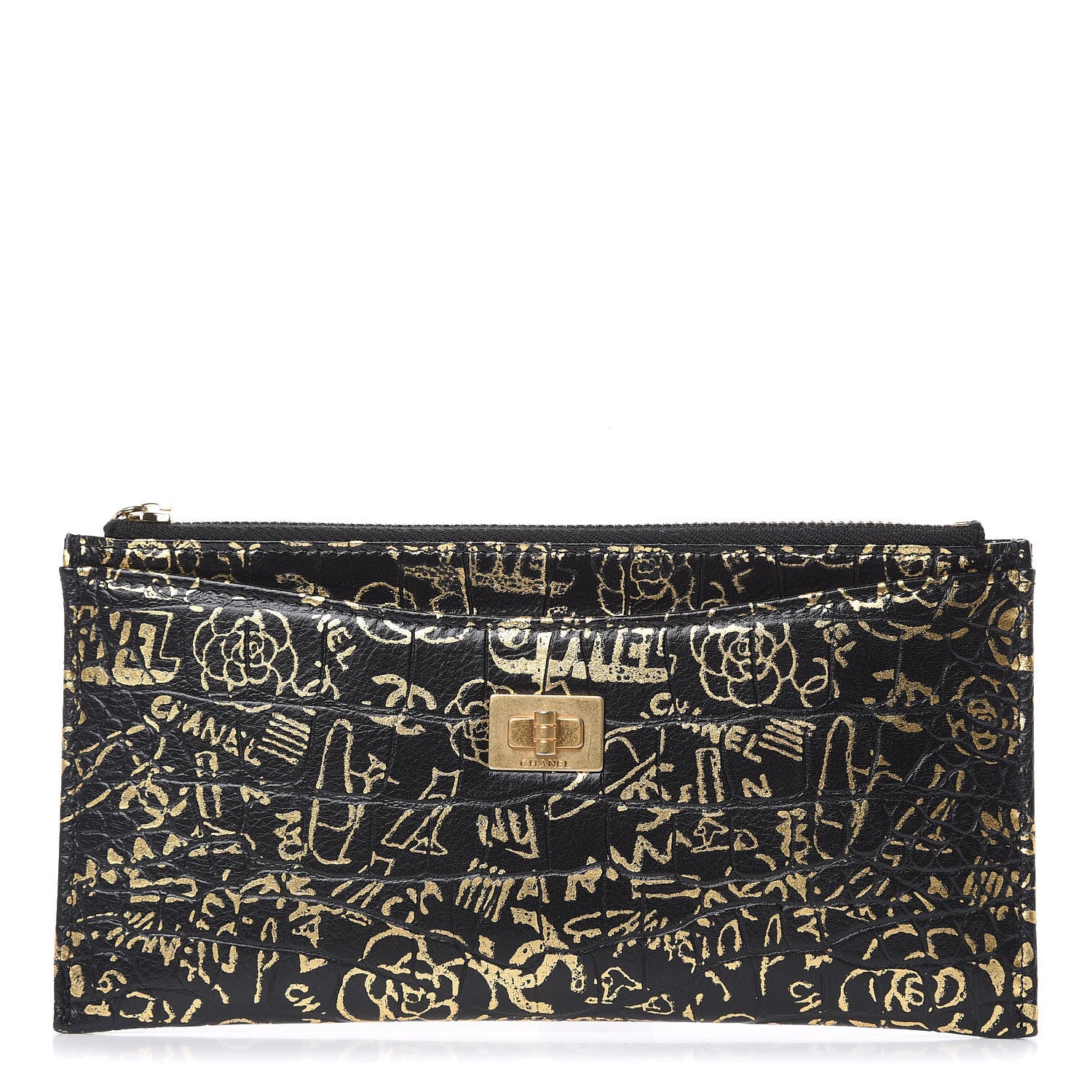 Chanel Calfskin Crocodile Embossed Graffiti 2.55 Cocodile Reissue Zip Pouch Black Gold 1 of 7
