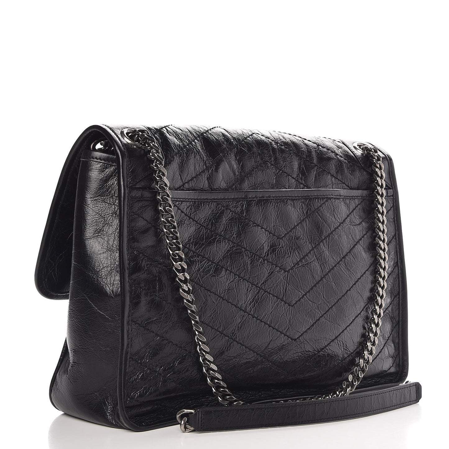 Crinkled Calfskin Matelasse Monogram Large Niki Chain Satchel Black