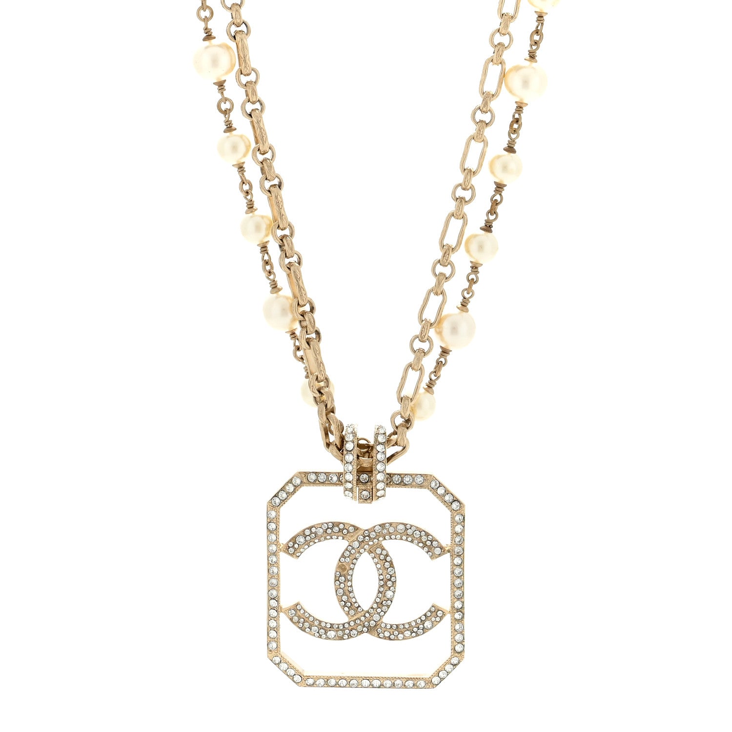 Chanel Pearl Crystal CC Double Strand Necklace Gold 1 of 4