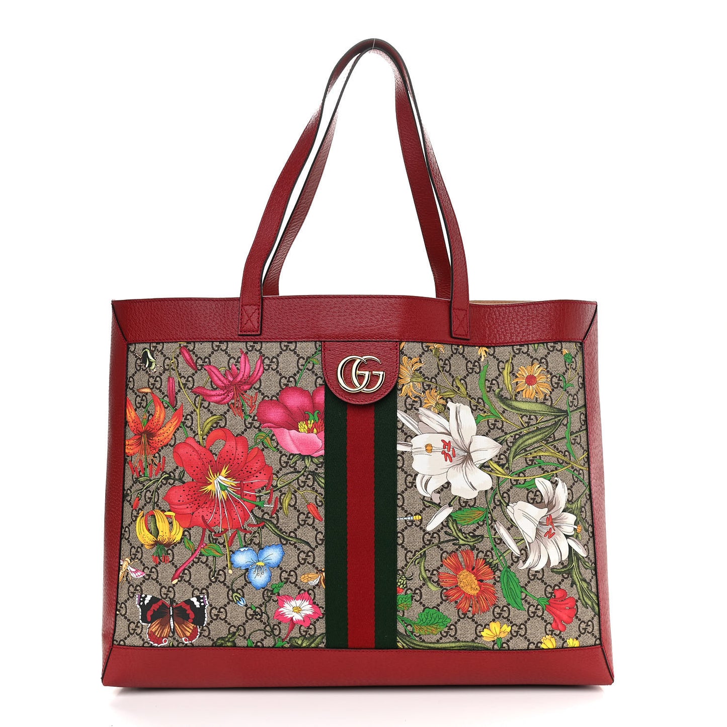 GG Supreme Monogram Flora Web Large Ophidia Tote Red