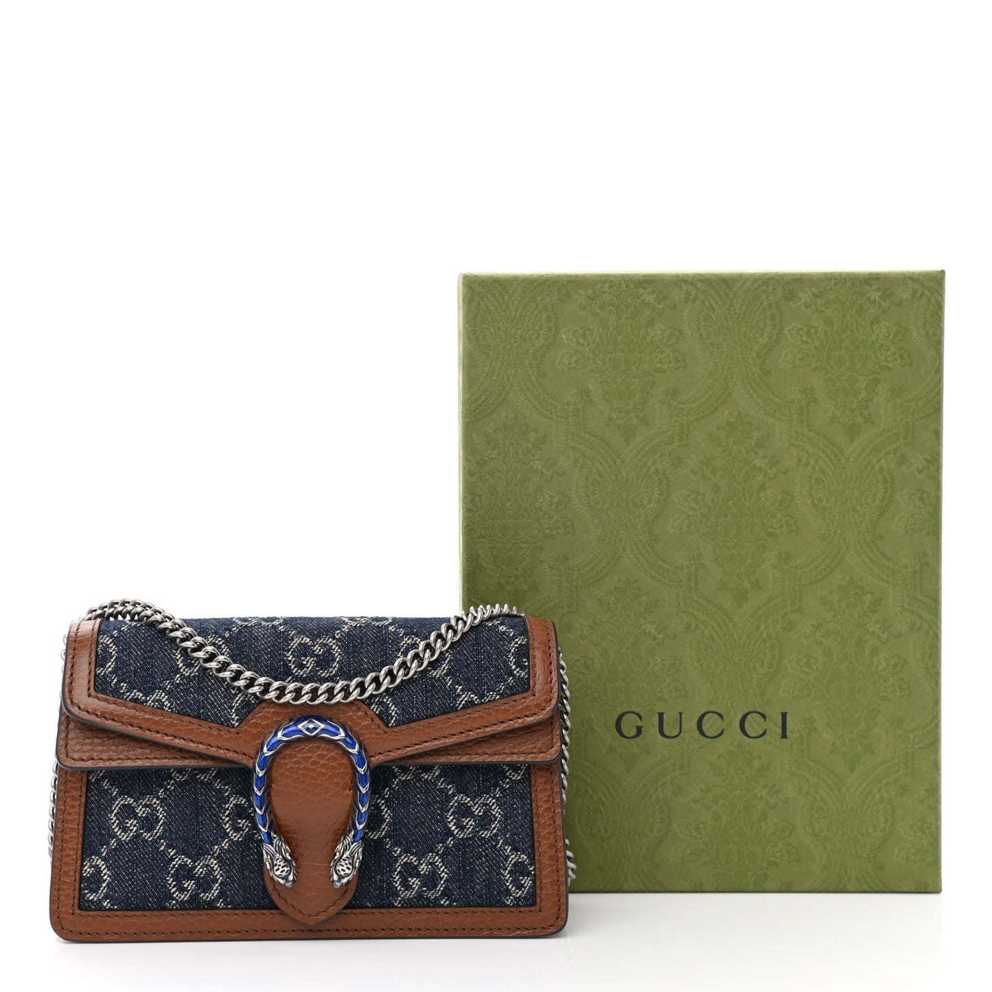 New Denim GG Monogram Dollar Calfskin Enamel Super Mini Dionysus Shoulder Bag Blue Tea Cuir Epilog Electric Blue