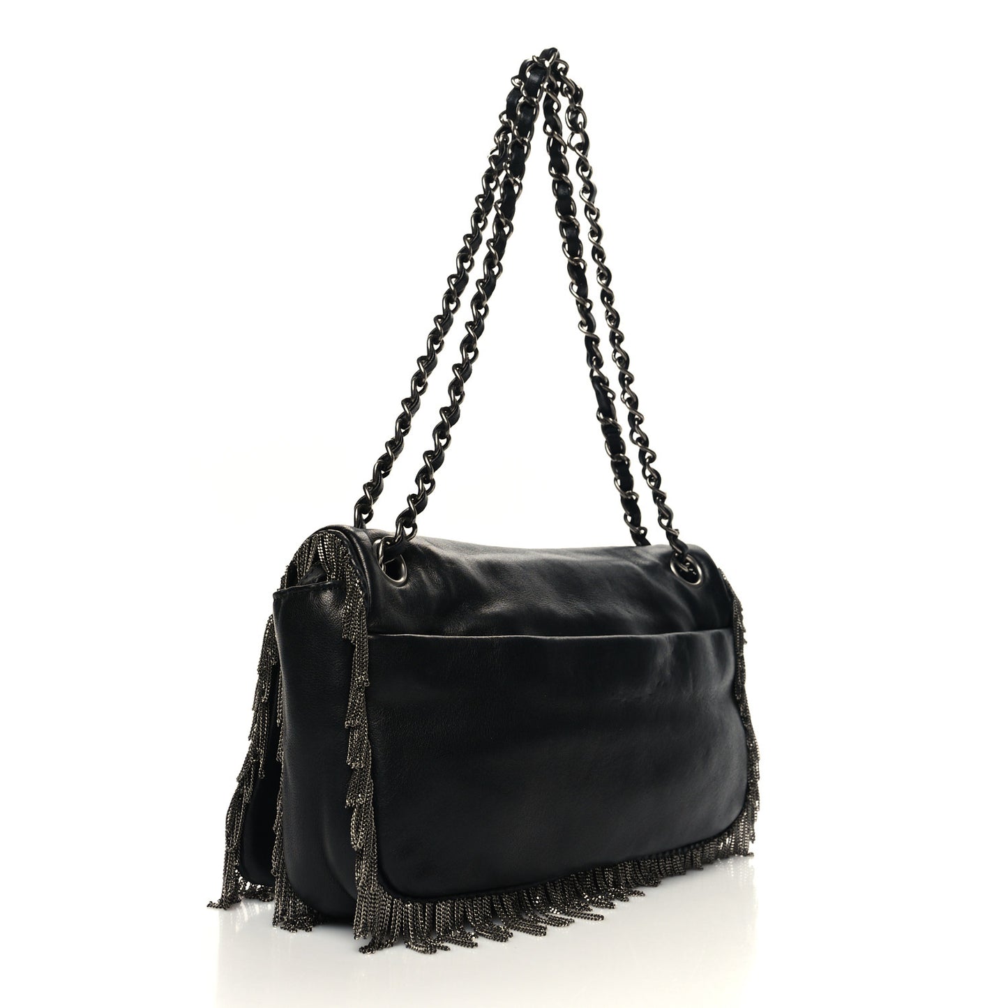 Lambskin Rock And Cabaret Chain Fringe Flap Black
