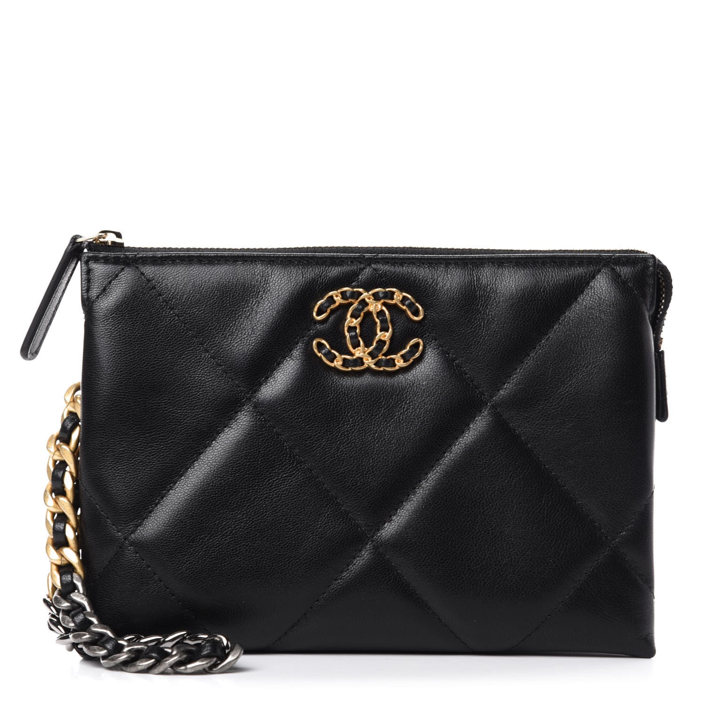 Shiny Goatskin Quilted Small Chanel 19 Pouch With Handle Black
