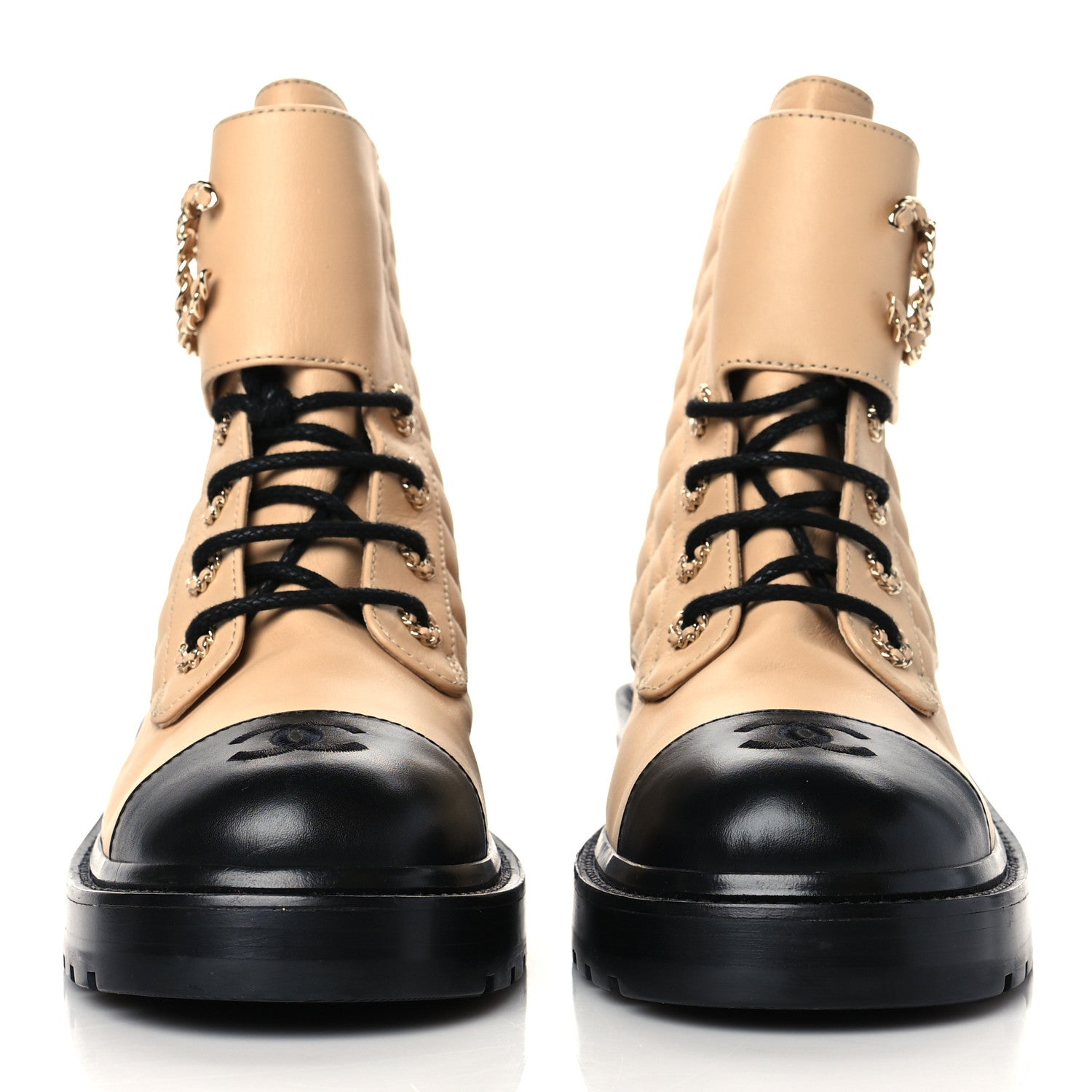 Chanel Shiny Lambskin Quilted Lace Up Combat Boots 41 Beige Black 2 of 8