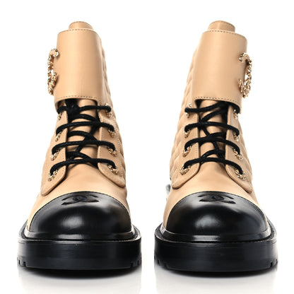 Chanel Shiny Lambskin Quilted Lace Up Combat Boots 41 Beige Black 2 of 8