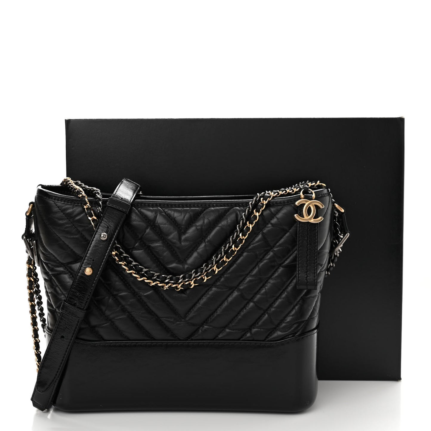 Aged Calfskin Chevron Quilted Medium Gabrielle Hobo Black