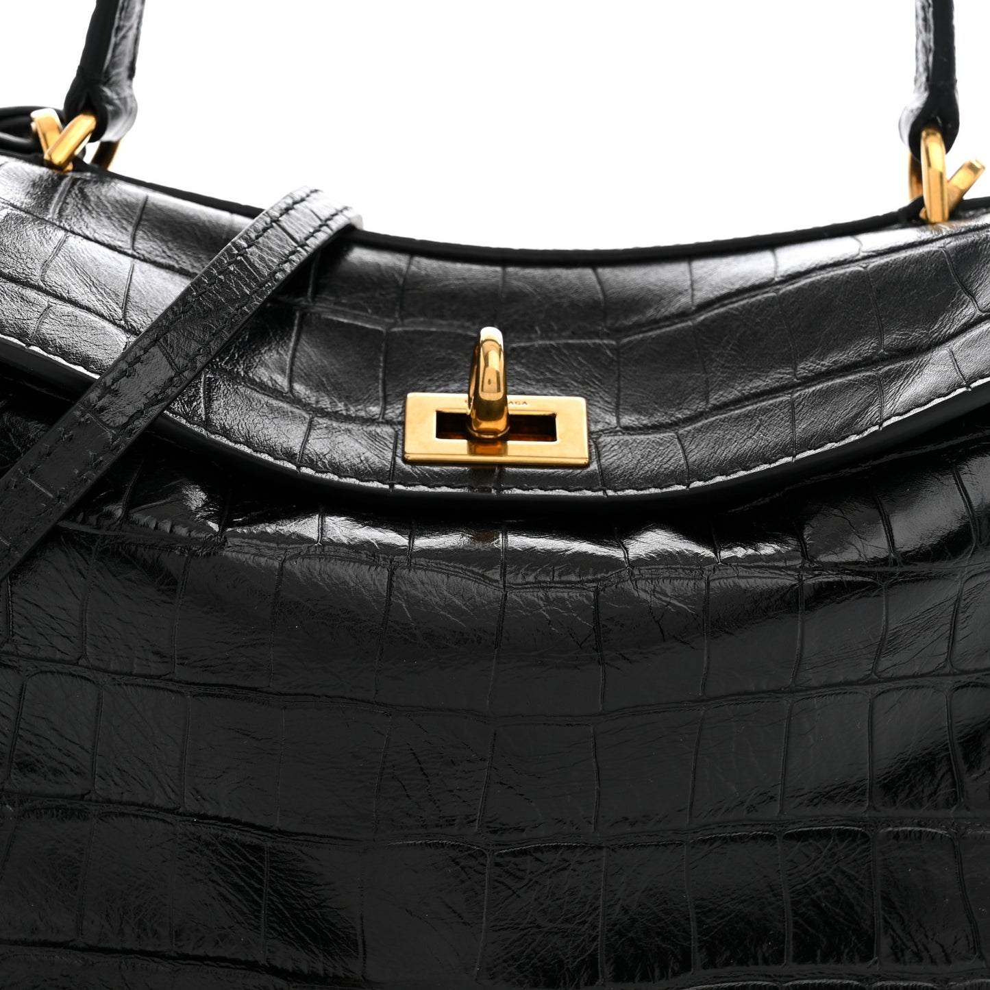 Shiny Calfskin Crocodile Embossed Mini Rodeo Top Handle Handbag Black