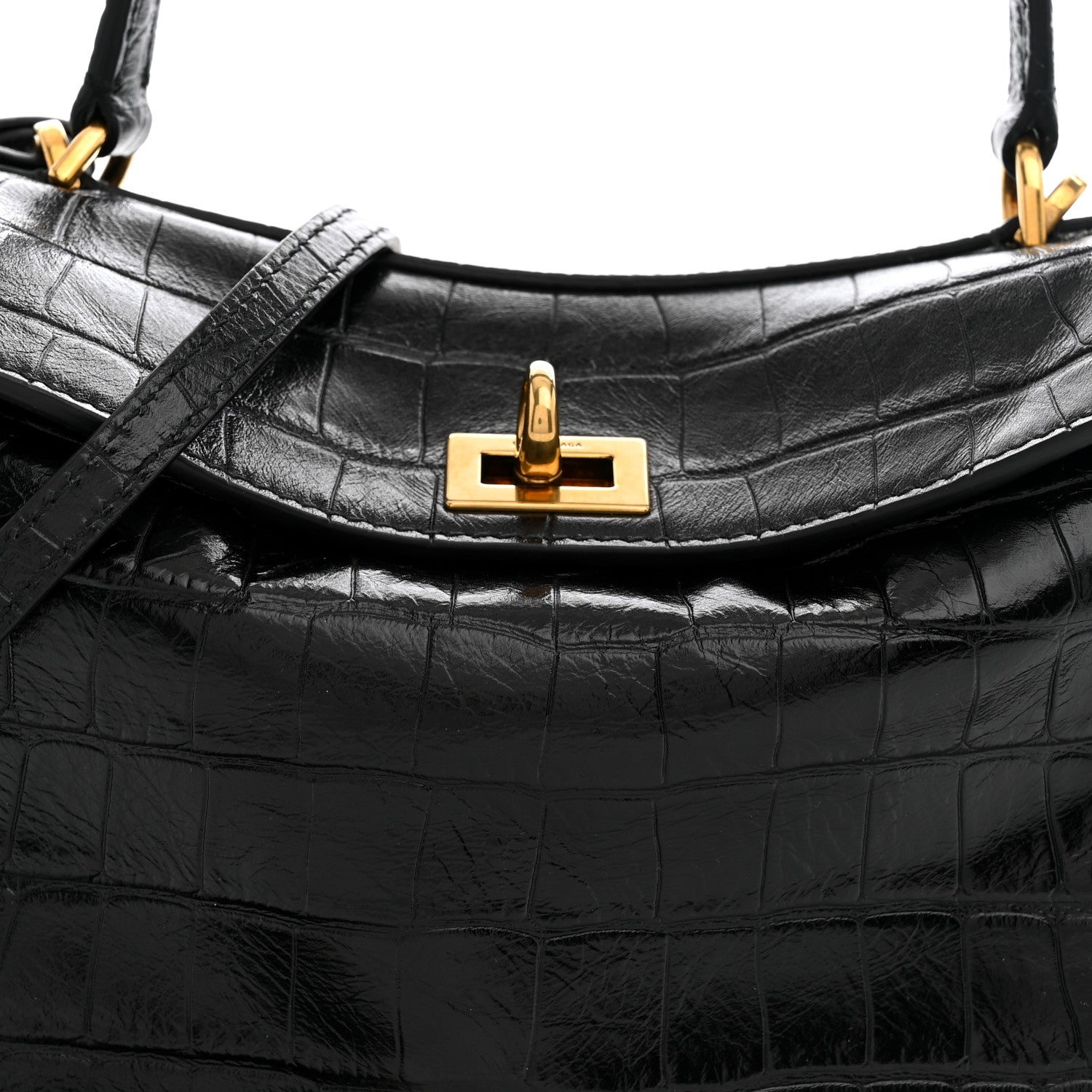 Balenciaga Shiny Calfskin Crocodile Embossed Mini Rodeo Top Handle Handbag Black 7 of 9