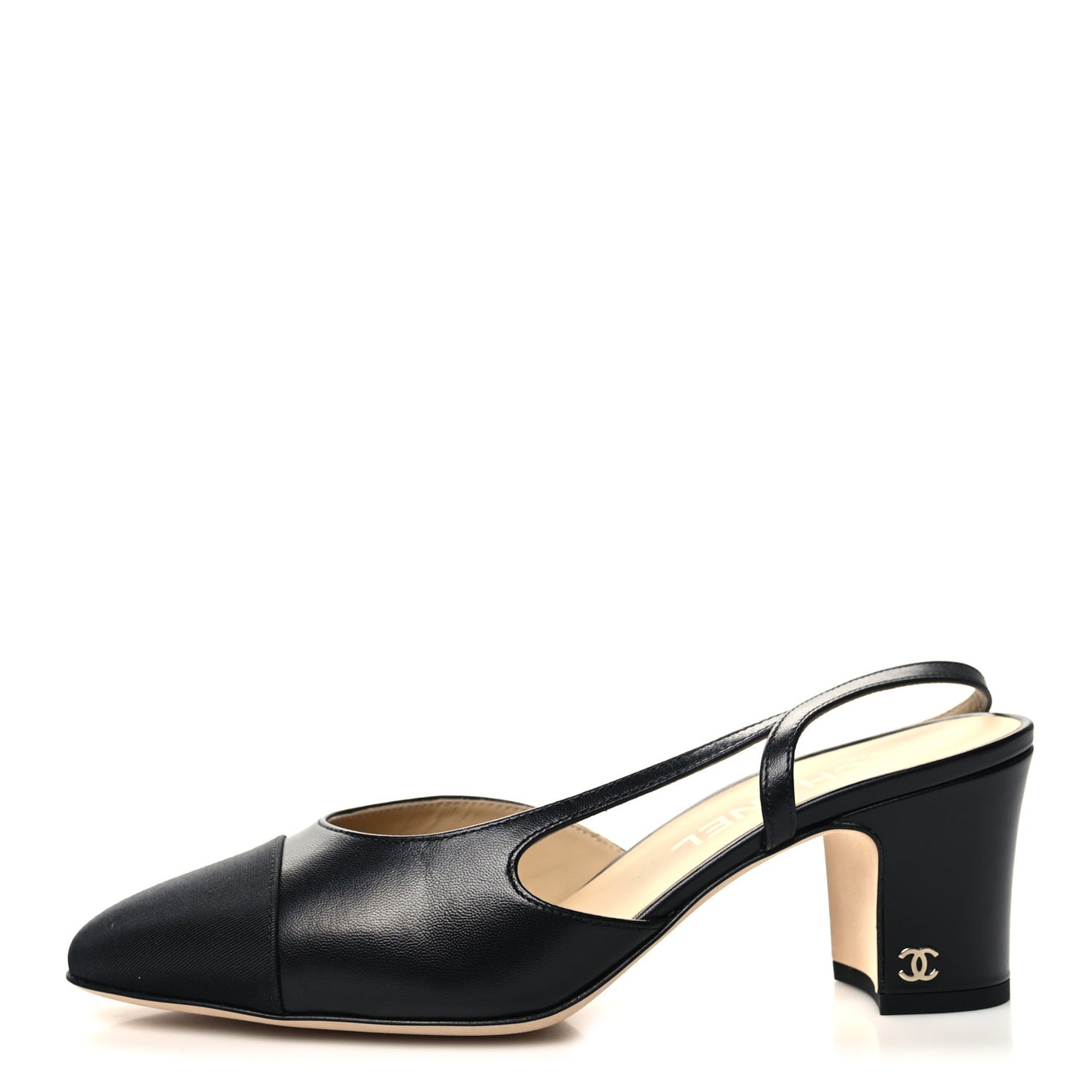 Goatskin Grosgrain Cap Toe CC Slingback Sandals 38.5 Black