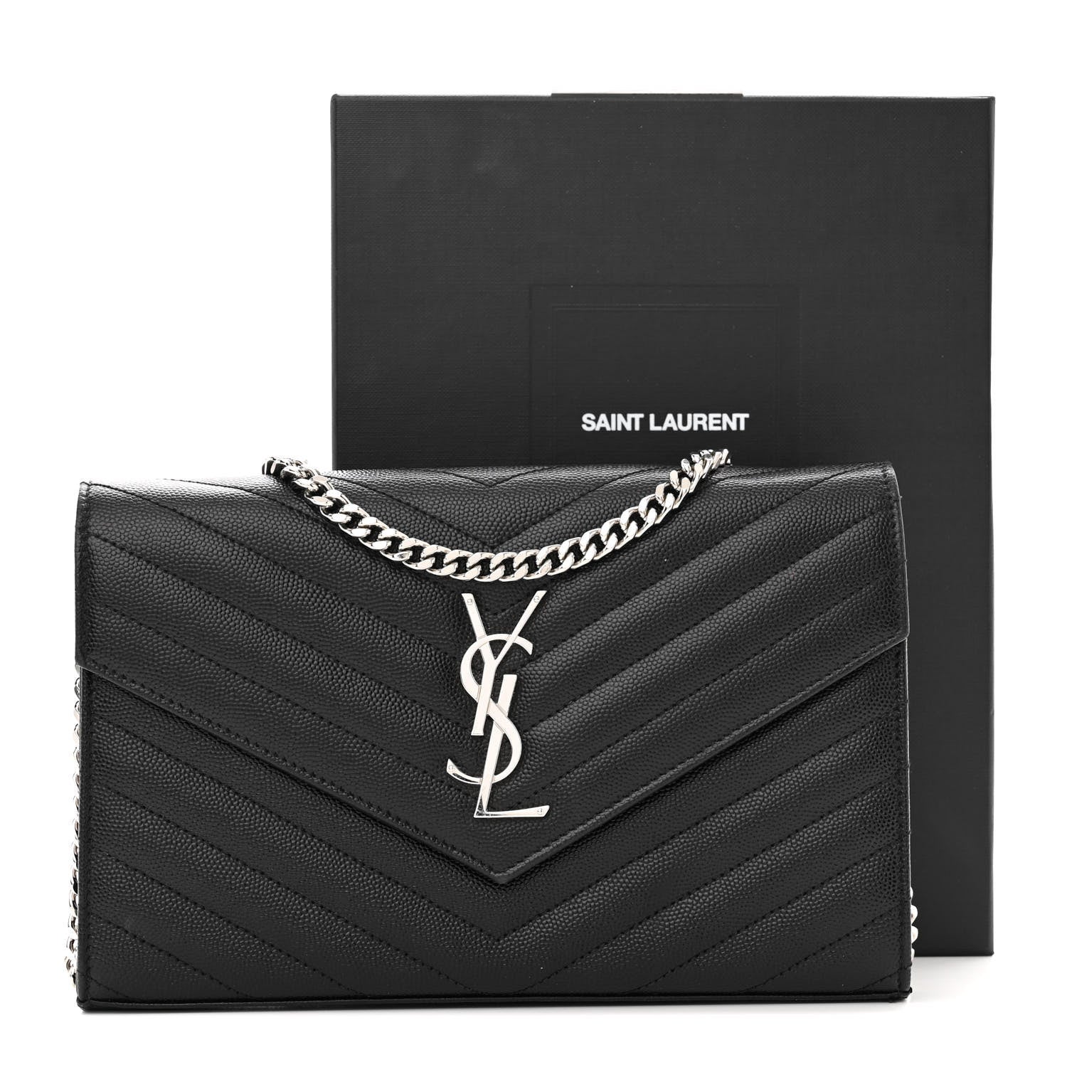 Saint Laurent Grain De Poudre Matelasse Chevron Monogram Chain Wallet Black 14 of 14