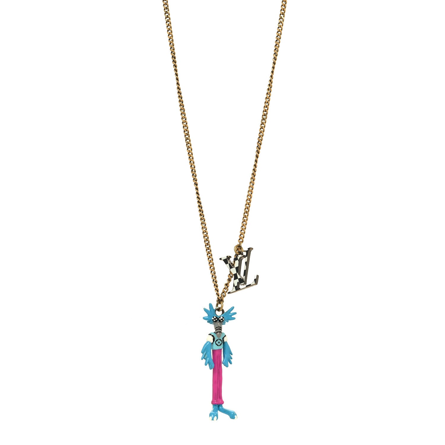 Louis Vuitton Lacquered Metal LV Friends Pendant Necklace Aged Gold Blue Pink 1 of 7