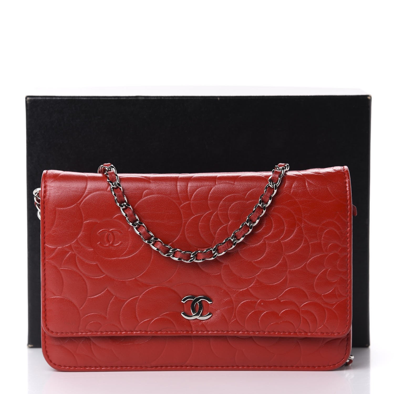 Chanel Lambskin Camellia Embossed Wallet On Chain WOC Red 14 of 14