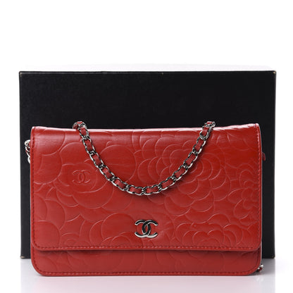 Chanel Lambskin Camellia Embossed Wallet On Chain WOC Red 14 of 14