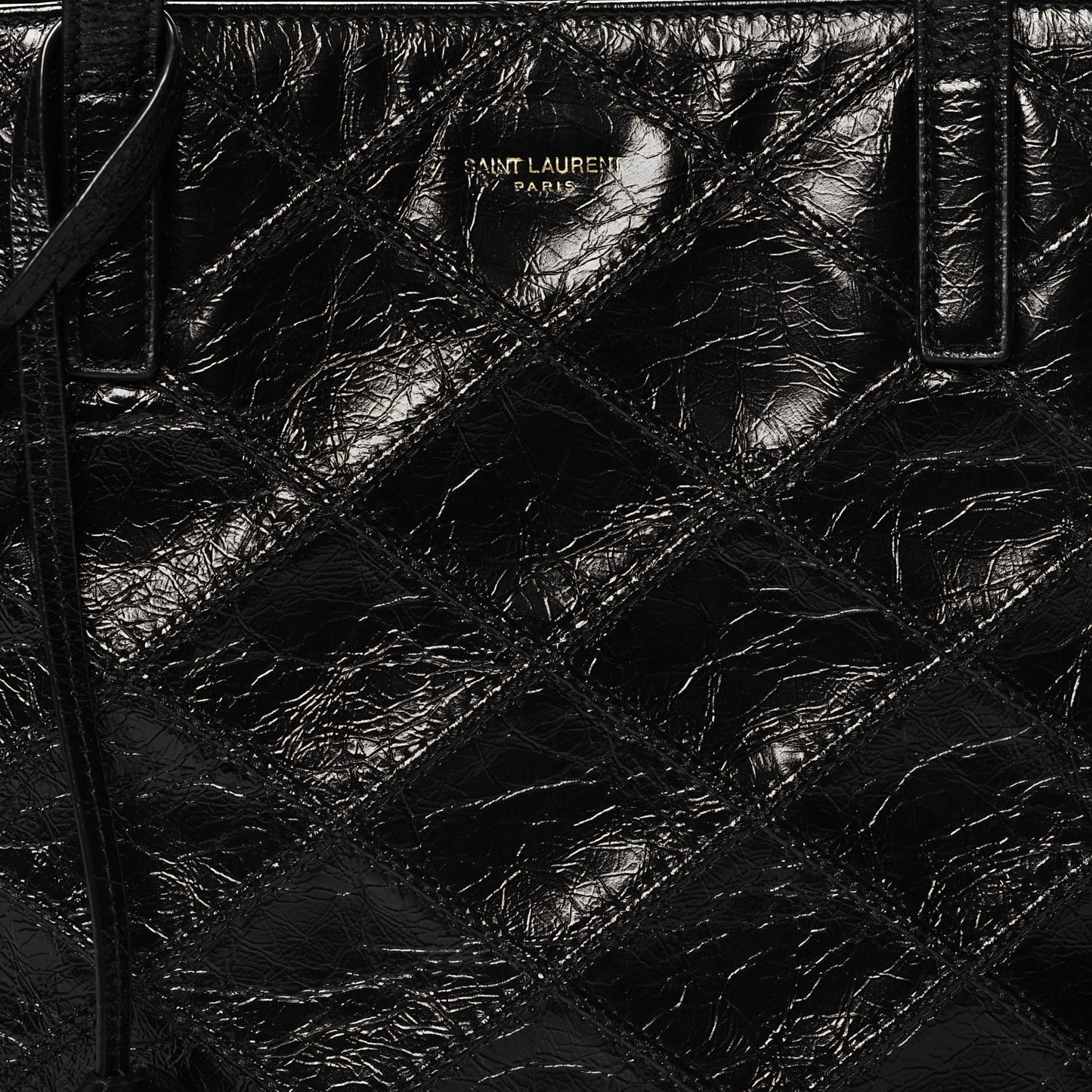 Crinkled Calfskin Quilted East West Shopping Tote Black