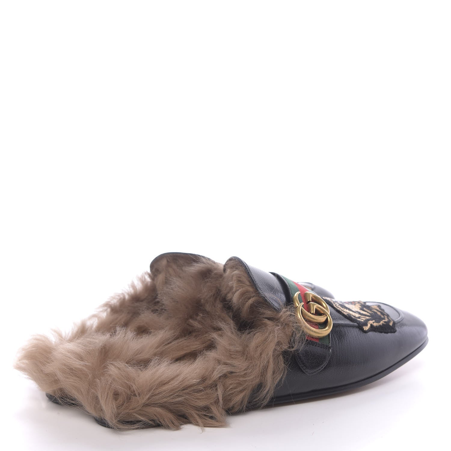 Gucci Goatskin Fur Web GG Tiger Embroidered Mens Princetown Slippers 8 Black 4 of 9