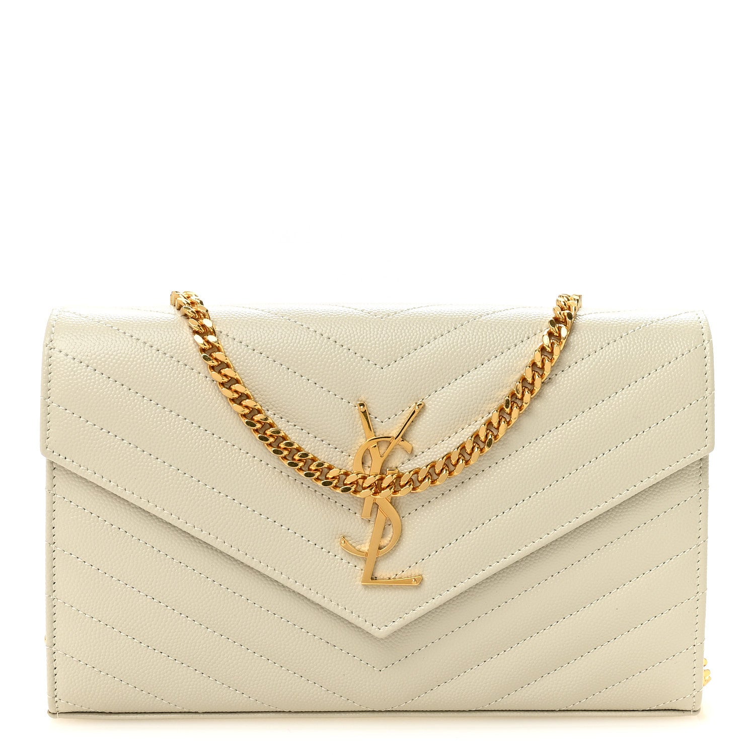 Saint Laurent Grain De Poudre Matelasse Chevron Monogram Chain Wallet Crema Soft 1 of 10