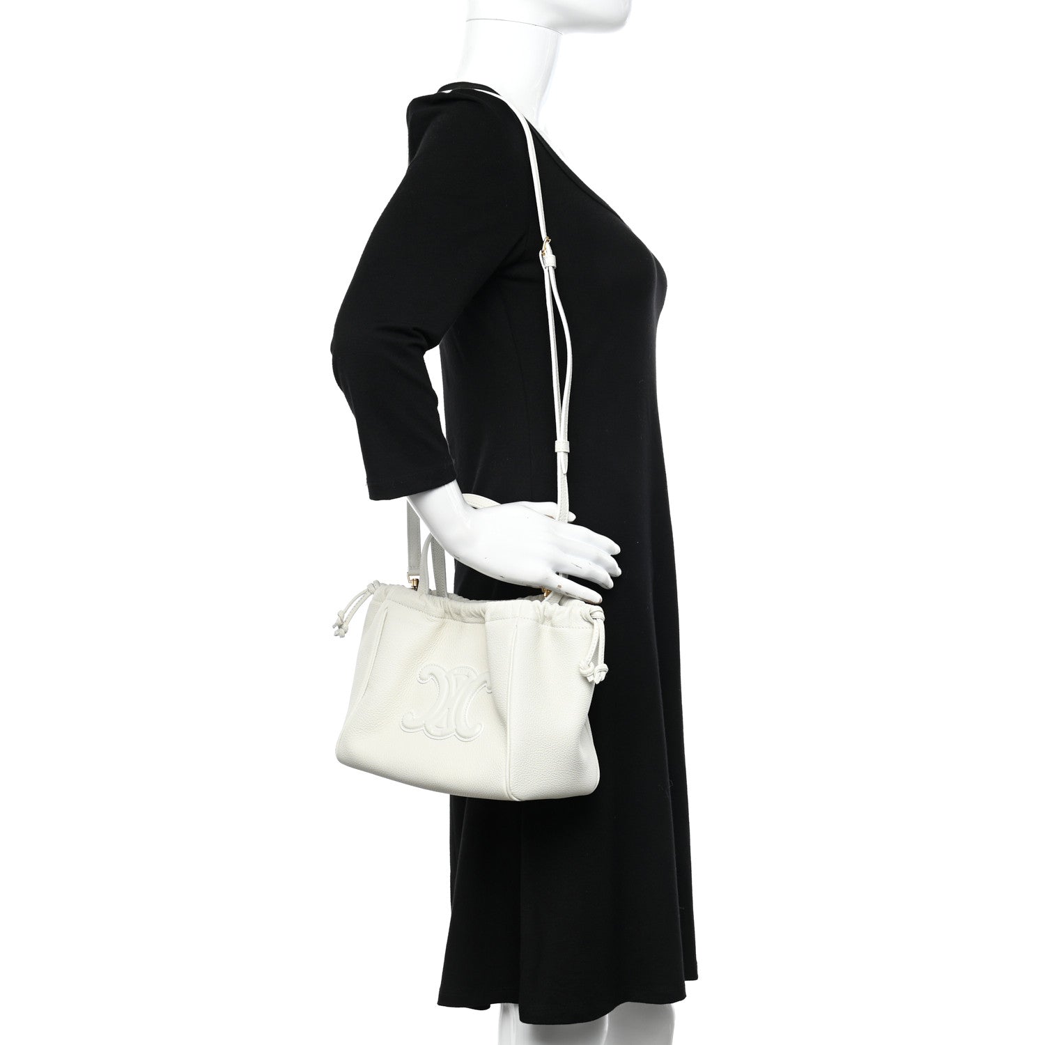 Celine Calfskin Cuir Small Triomphe Cabas Drawstring White 2 of 9