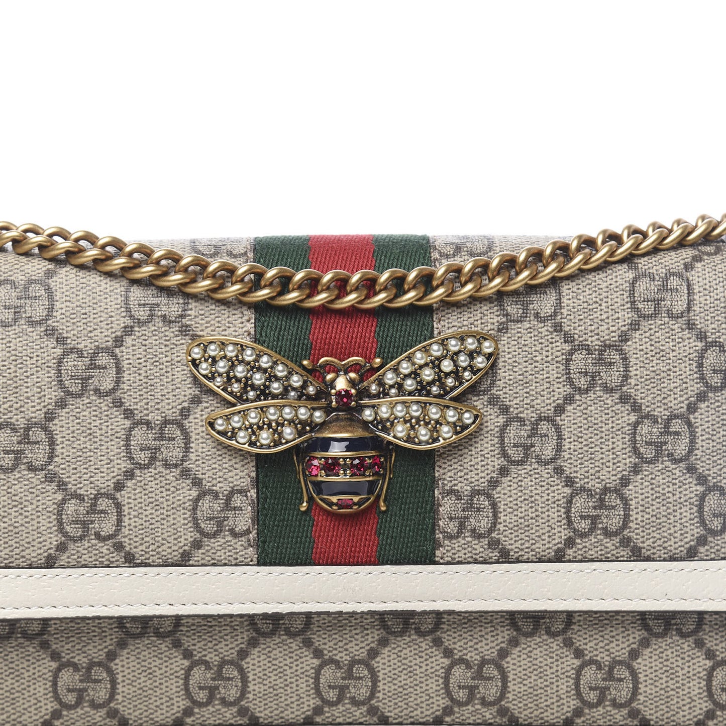 GG Supreme Monogram Web Queen Margaret Chain Wallet White
