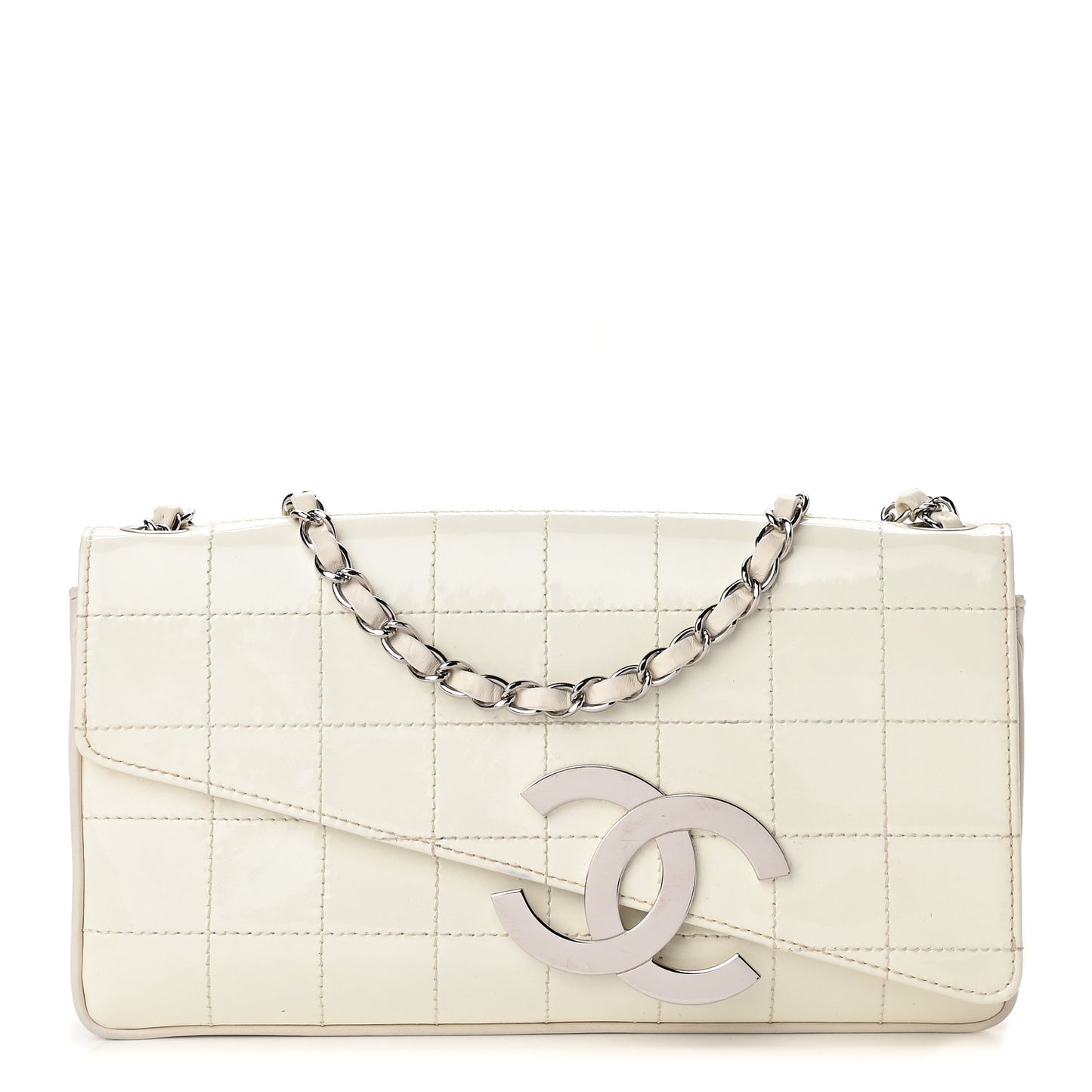 Patent Square Stitched CC Flap Clutch White