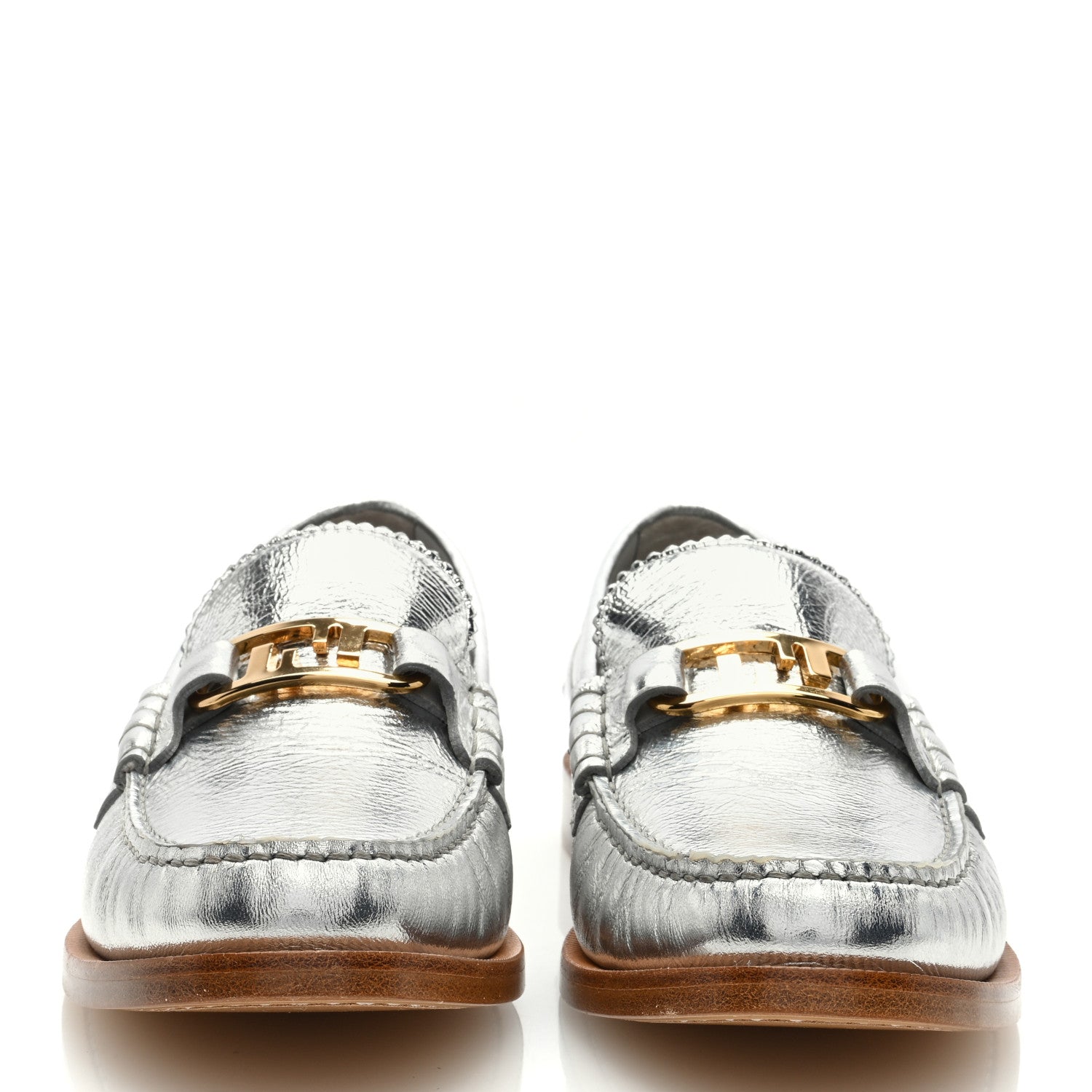 Fendi Metallic Vitello Womens O'Lock Loafers 39 Argento 3 of 7