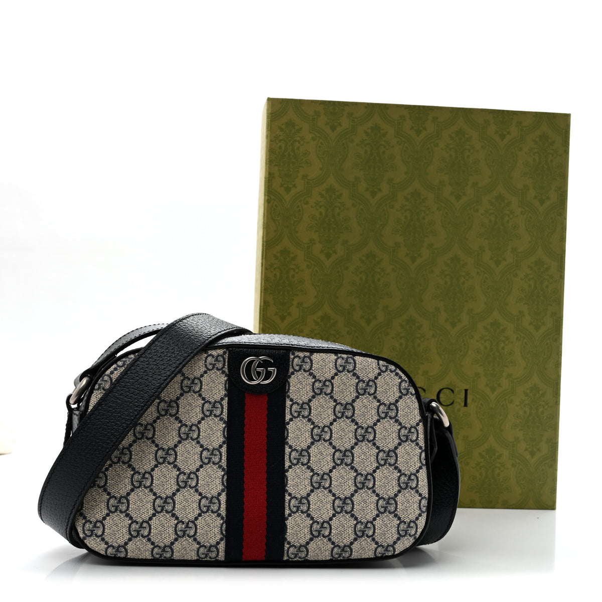 GG Supreme Monogram Textured Dollar Calfskin Web Small Ophidia Camera Bag Beige Blue
