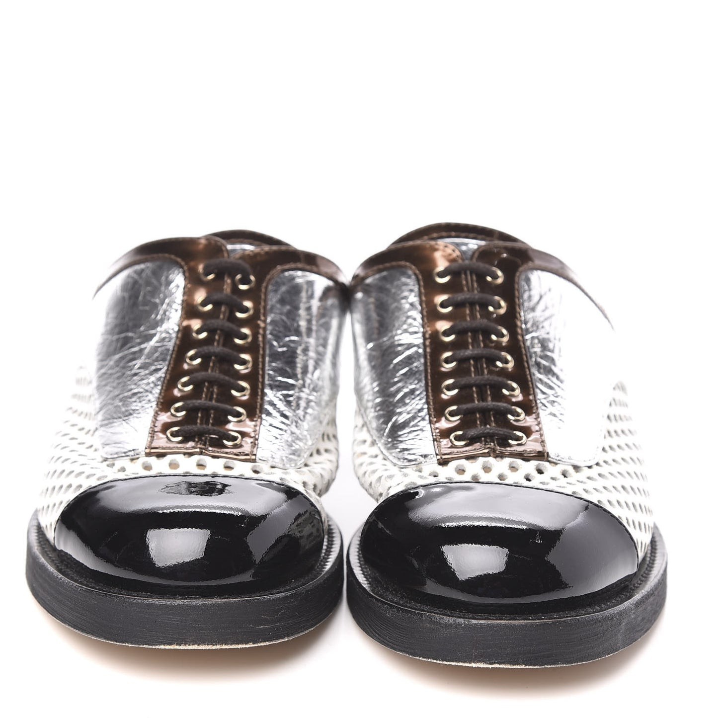 Lambskin Perforated Cap Toe Lace Up Mules 37.5 Silver Black