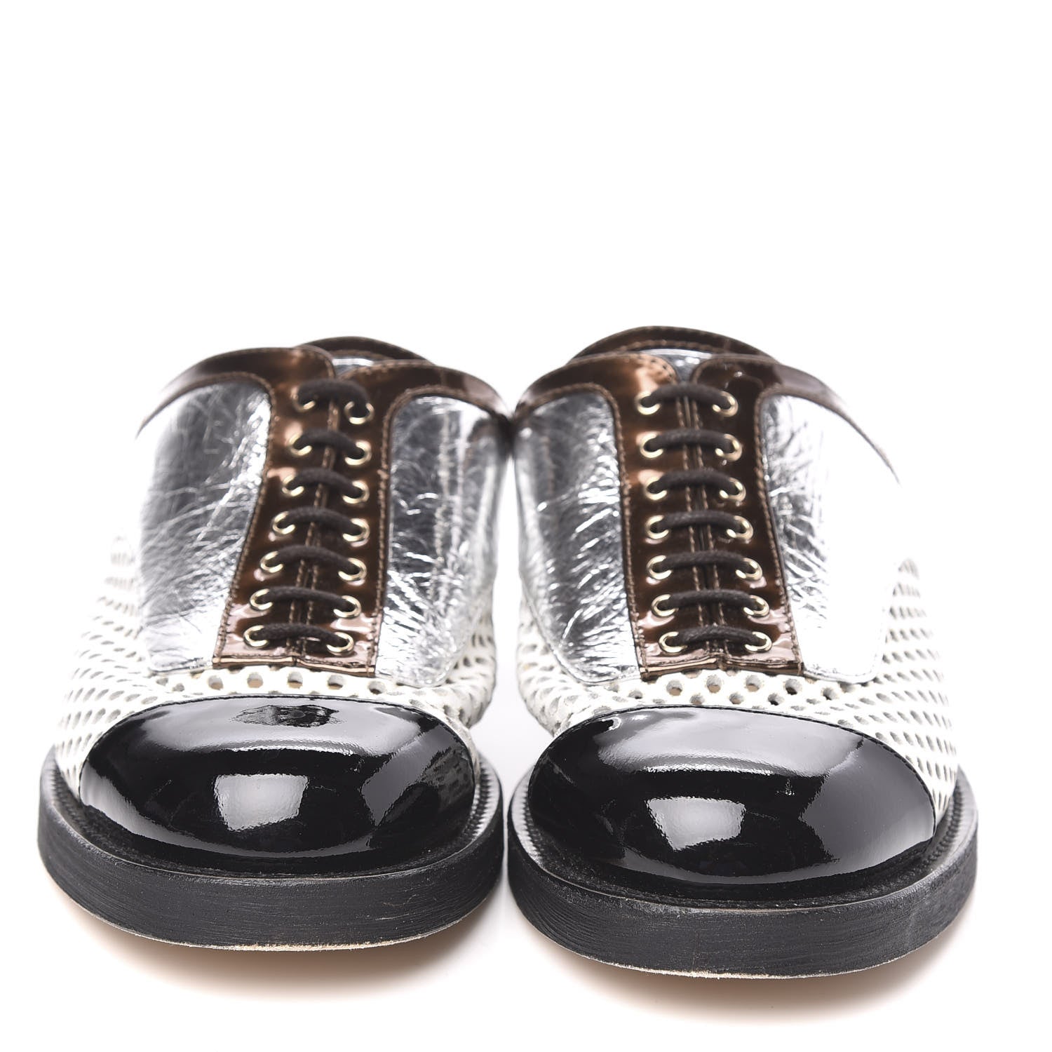 Chanel Lambskin Perforated Cap Toe Lace Up Mules 37.5 Silver Black 2 of 8