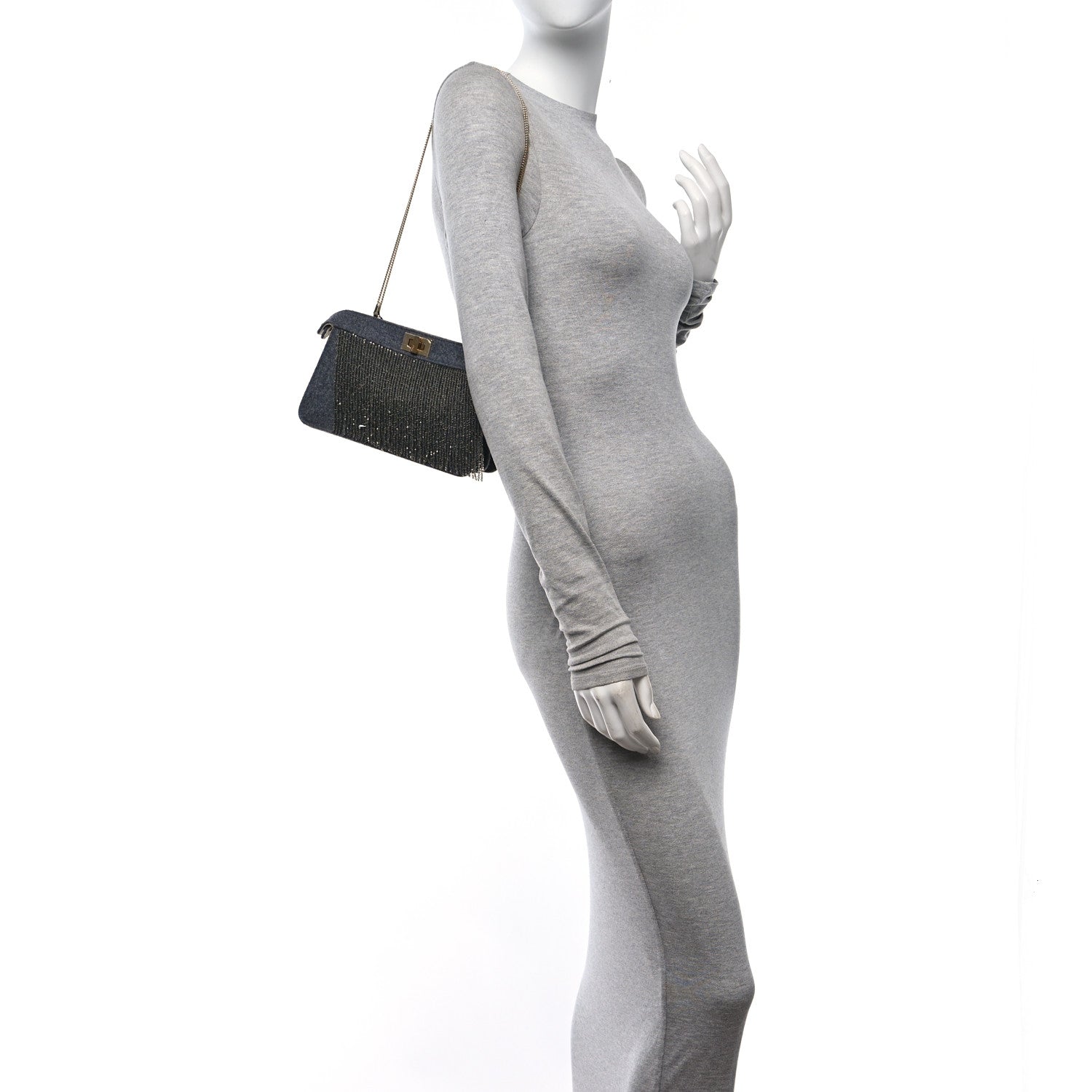 Fendi Flannel Bead Embroidered Small Peekaboo I SEE U East West Chain Satchel Grigio Bois de Rose 2 of 10