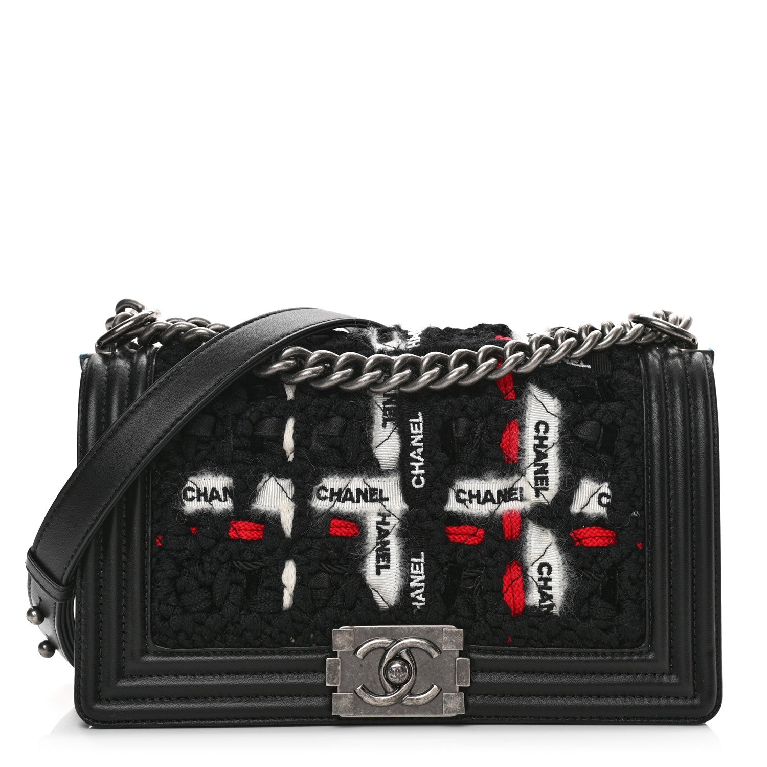 Chanel Lambskin Tweed Logo Embroidered Medium Boy Flap White Red Black 1 of 13