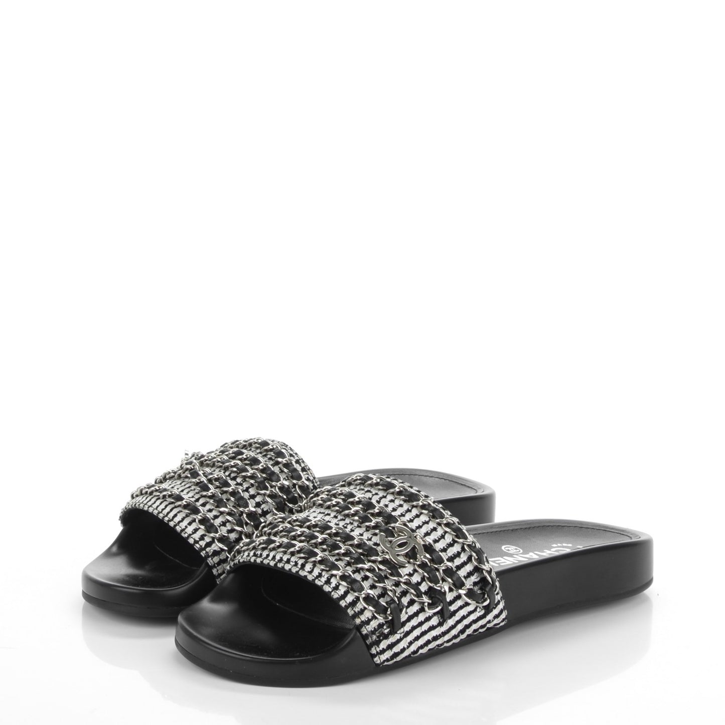 Tweed Lambskin Chain Flat Sandals 37 Black White