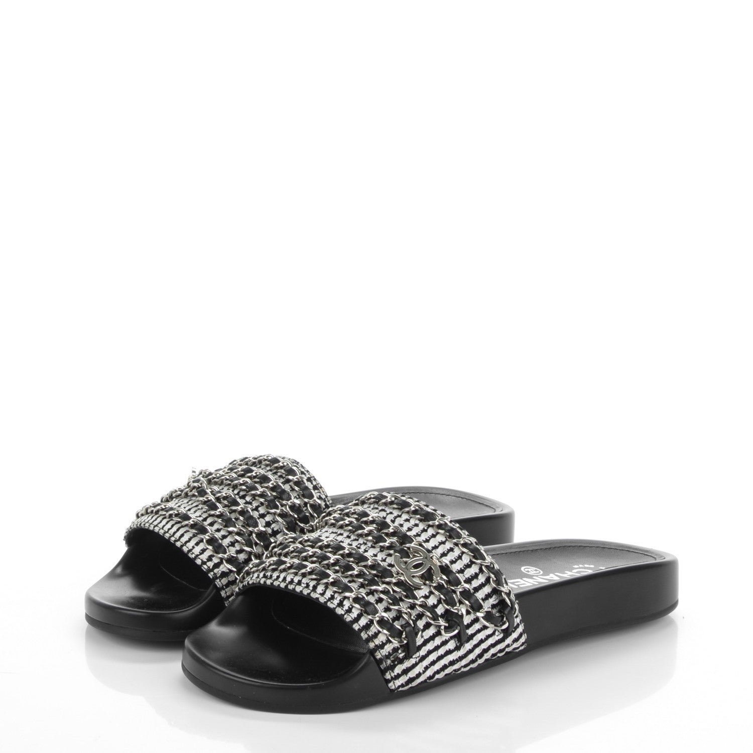 Chanel Tweed Lambskin Chain Flat Sandals 37 Black White 3 of 8