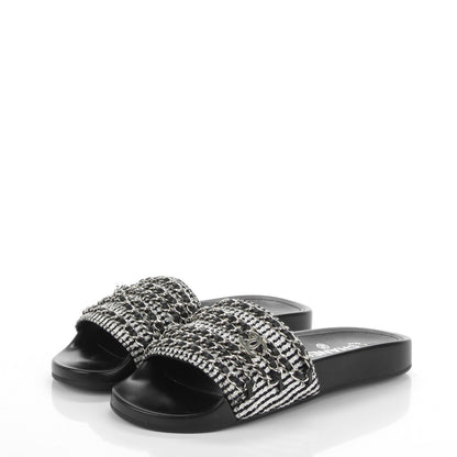 Chanel Tweed Lambskin Chain Flat Sandals 37 Black White 3 of 8
