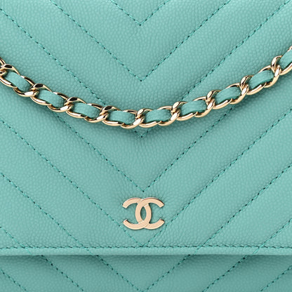 Chanel Caviar Flat Chevron Quilted Wallet On Chain WOC Green 8 of 12