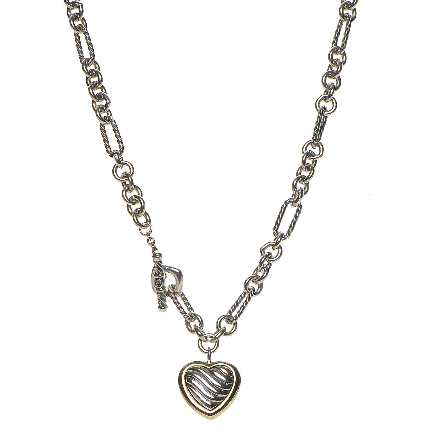 David Yurman Sterling Silver 18K Yellow Gold Cable Heart Figaro Necklace 1 of 7