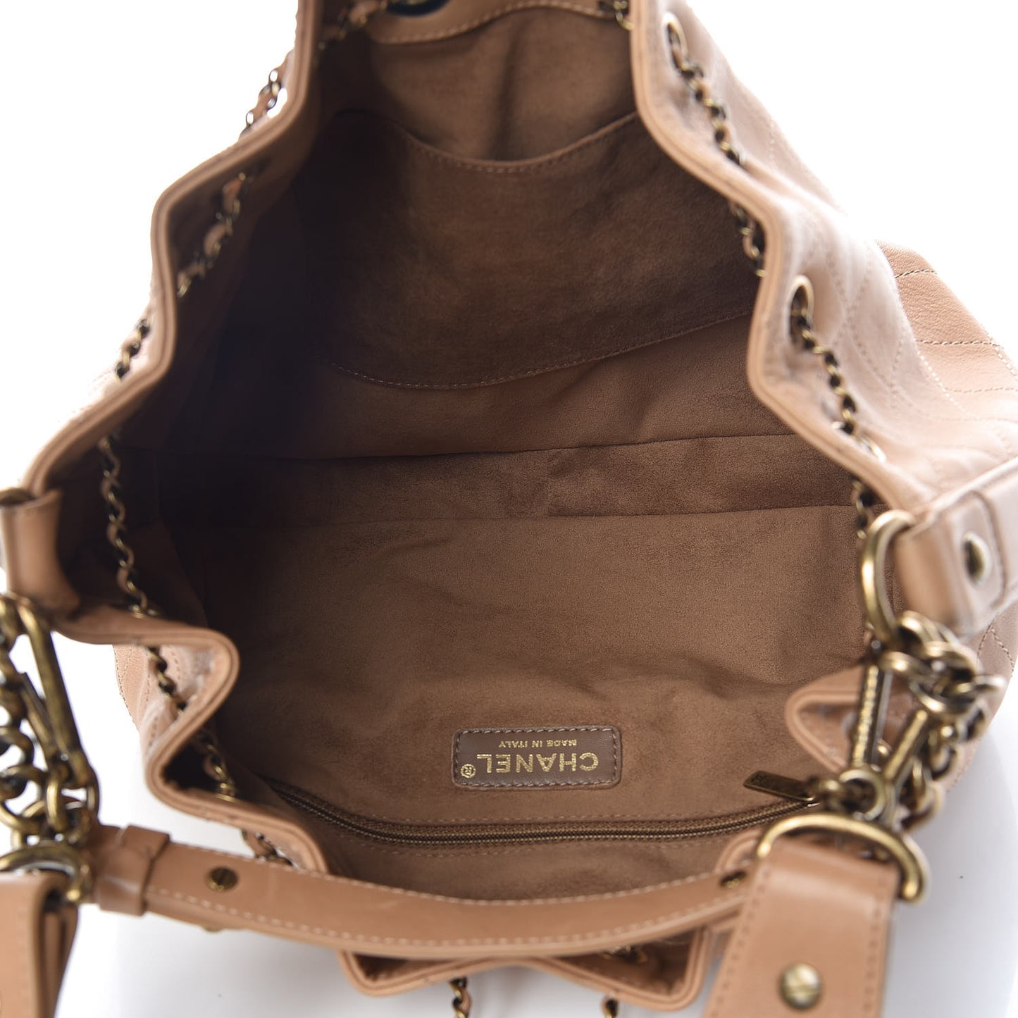 Calfskin Stitched Medium Drawstring CC Bag Beige