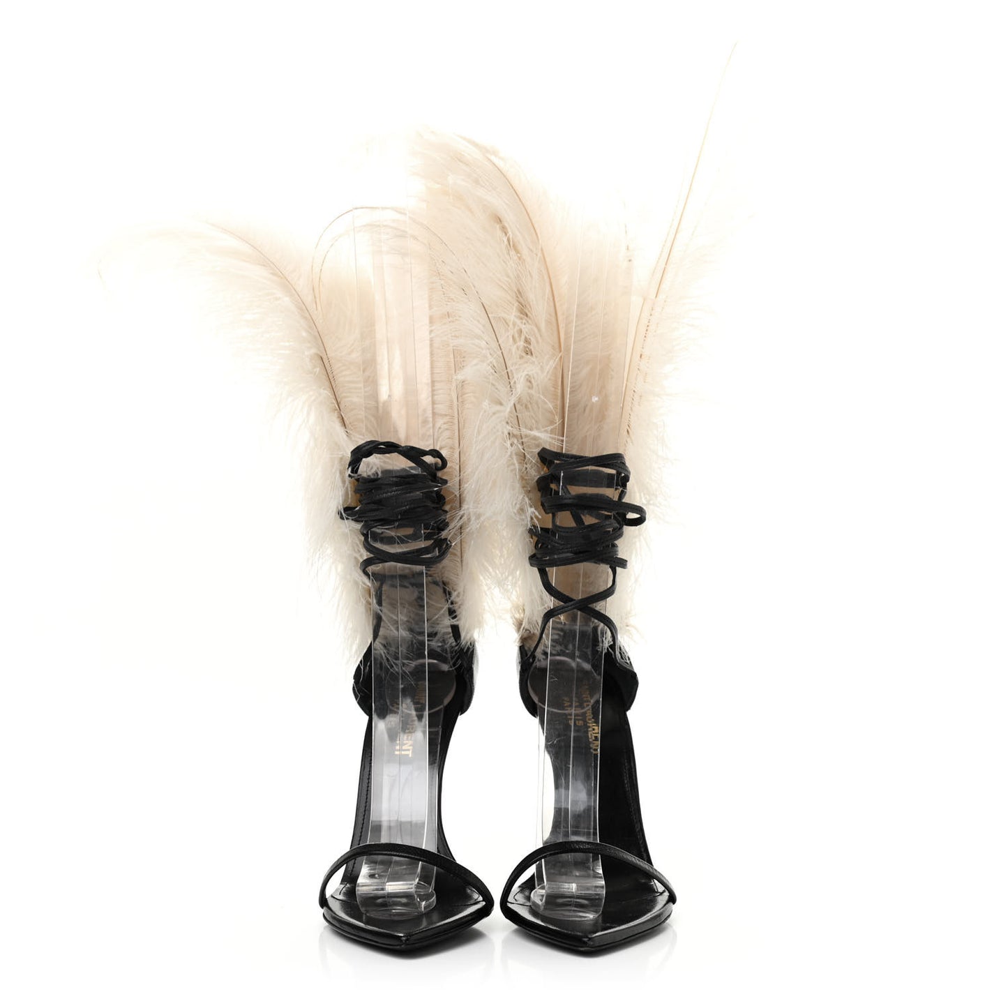 Feather Embellished Calfskin Talitha Ankle-Wrap Sandals 36 Black White
