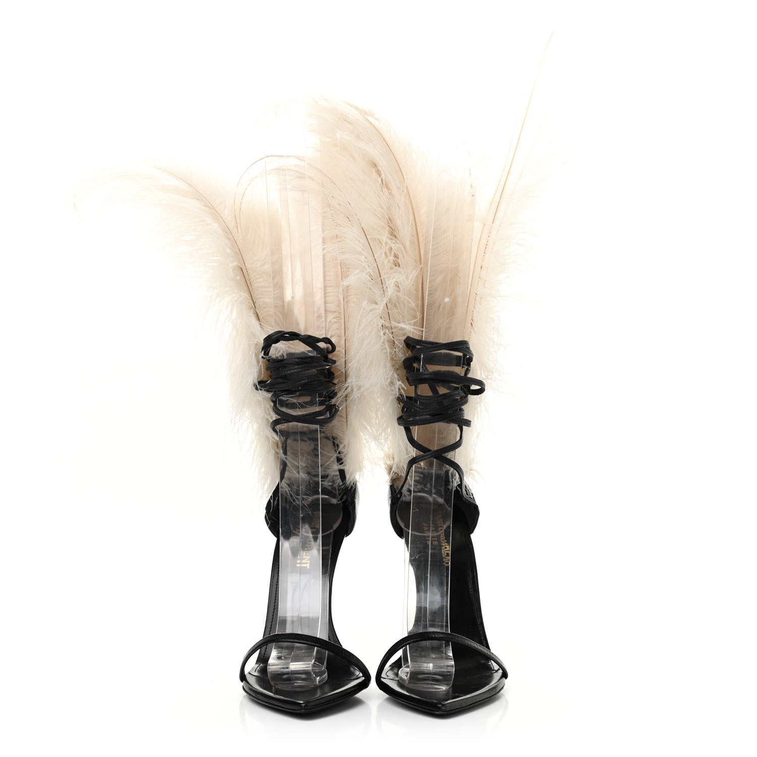 Saint Laurent Feather Embellished Calfskin Talitha Ankle-Wrap Sandals 36 Black White 2 of 12