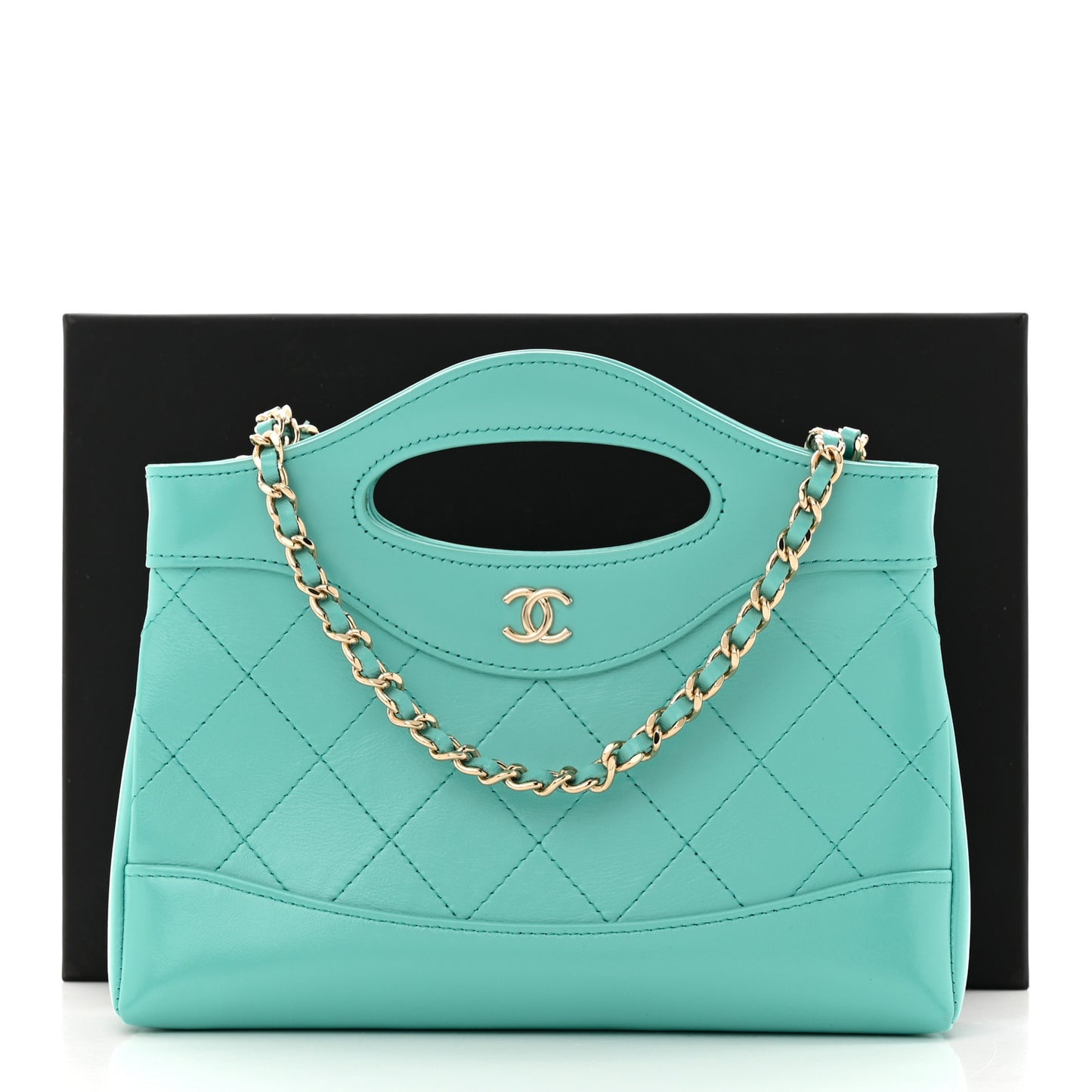 Shiny Crumpled Calfskin Quilted Nano 31 Shopping Bag Turquoise