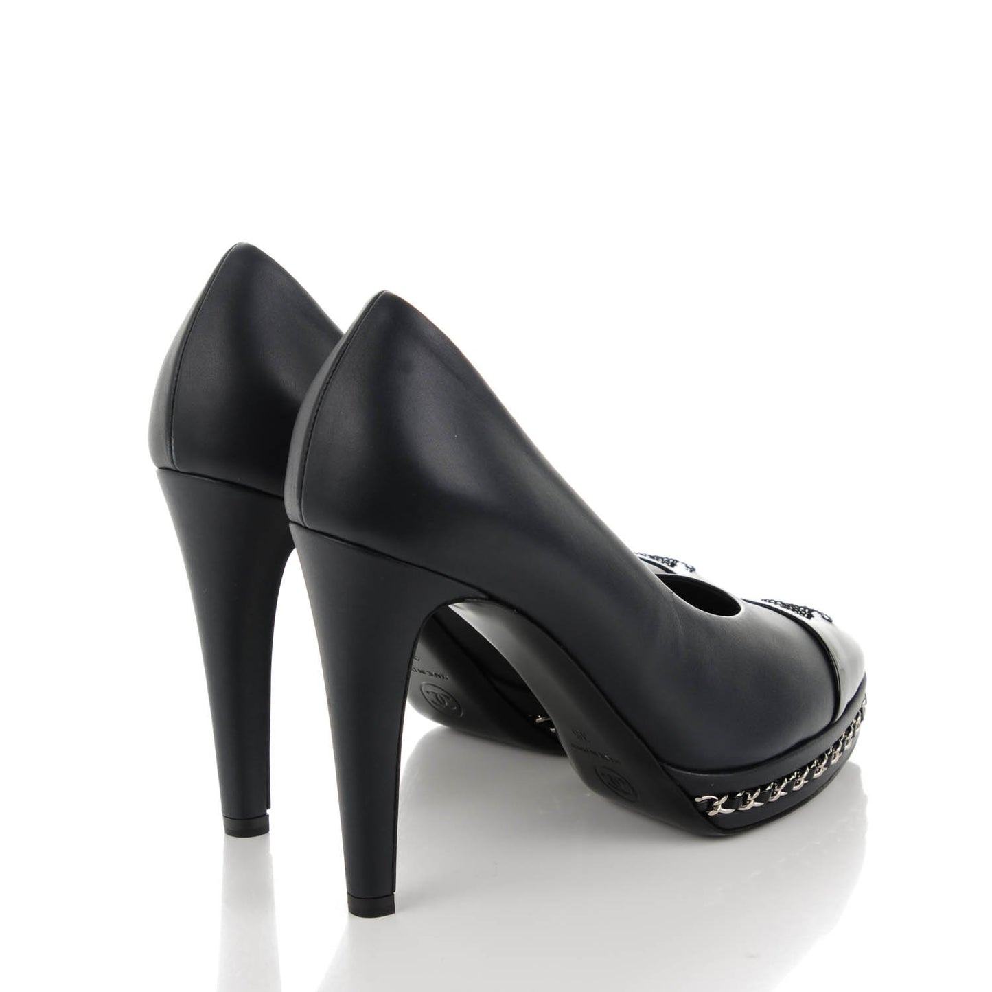 Calfskin Patent CC Cap Toe Platform Chain Pumps 36 Navy Black