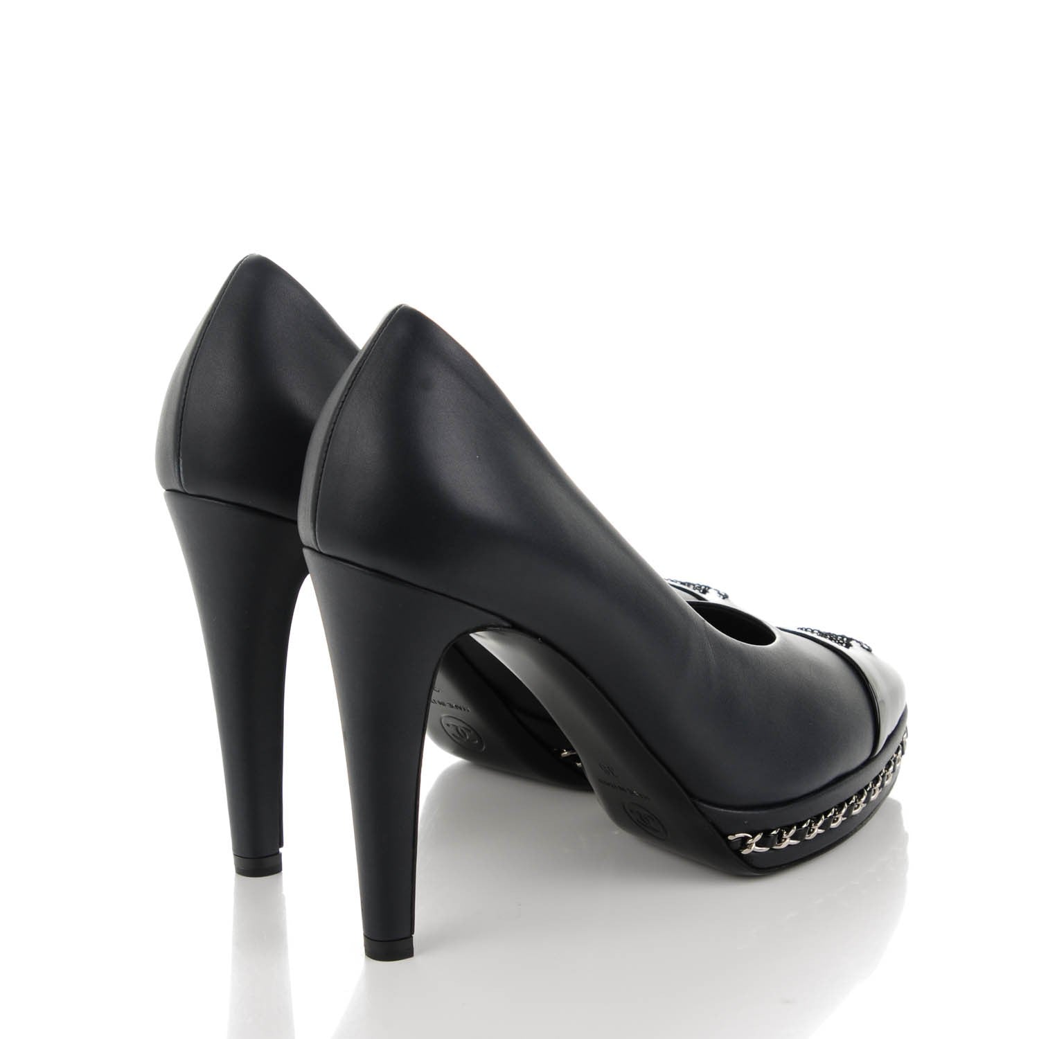 Chanel Calfskin Patent CC Cap Toe Platform Chain Pumps 36 Navy Black 4 of 9