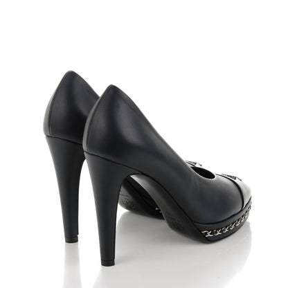 Chanel Calfskin Patent CC Cap Toe Platform Chain Pumps 36 Navy Black 4 of 9