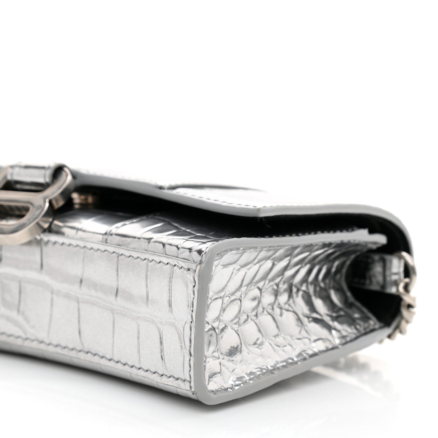 Metallic Calfskin Crocodile Embossed Hourglass Chain Bag Silver