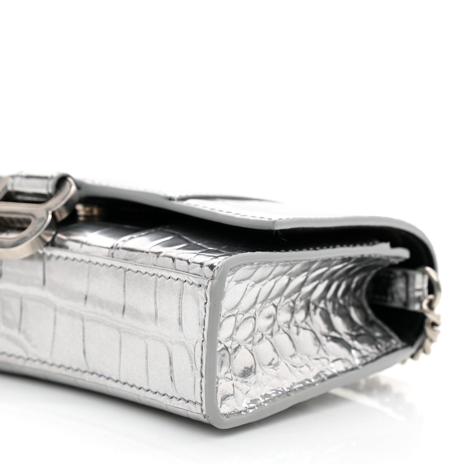 Balenciaga Metallic Calfskin Crocodile Embossed Hourglass Chain Bag Silver 7 of 7