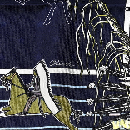 Hermes Silk Double Face Pani La Shar Pawnee Scarf 90 Black Marine 8 of 10