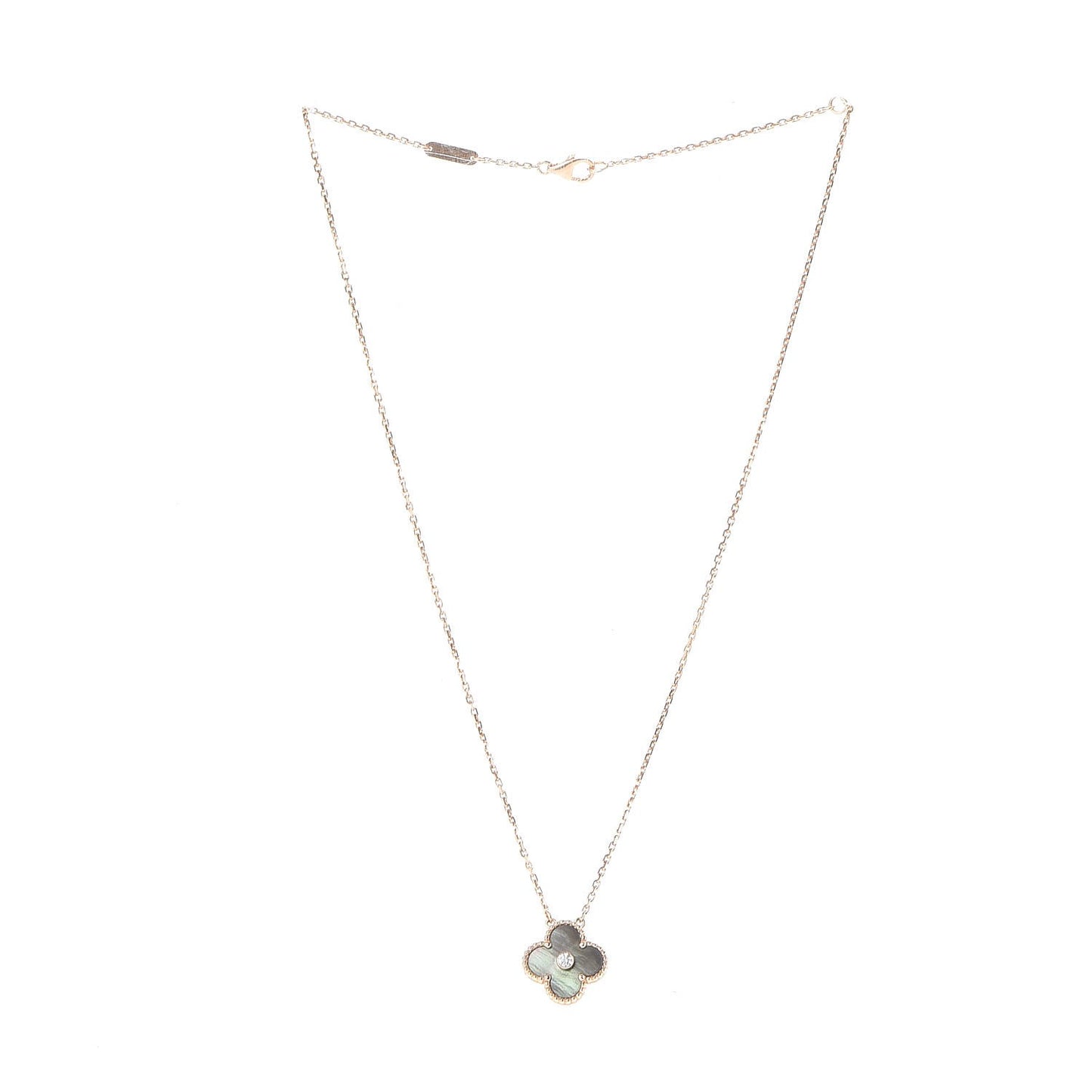 18K Rose Gold Diamond Grey Mother of Pearl Vintage Alhambra Pendant Necklace