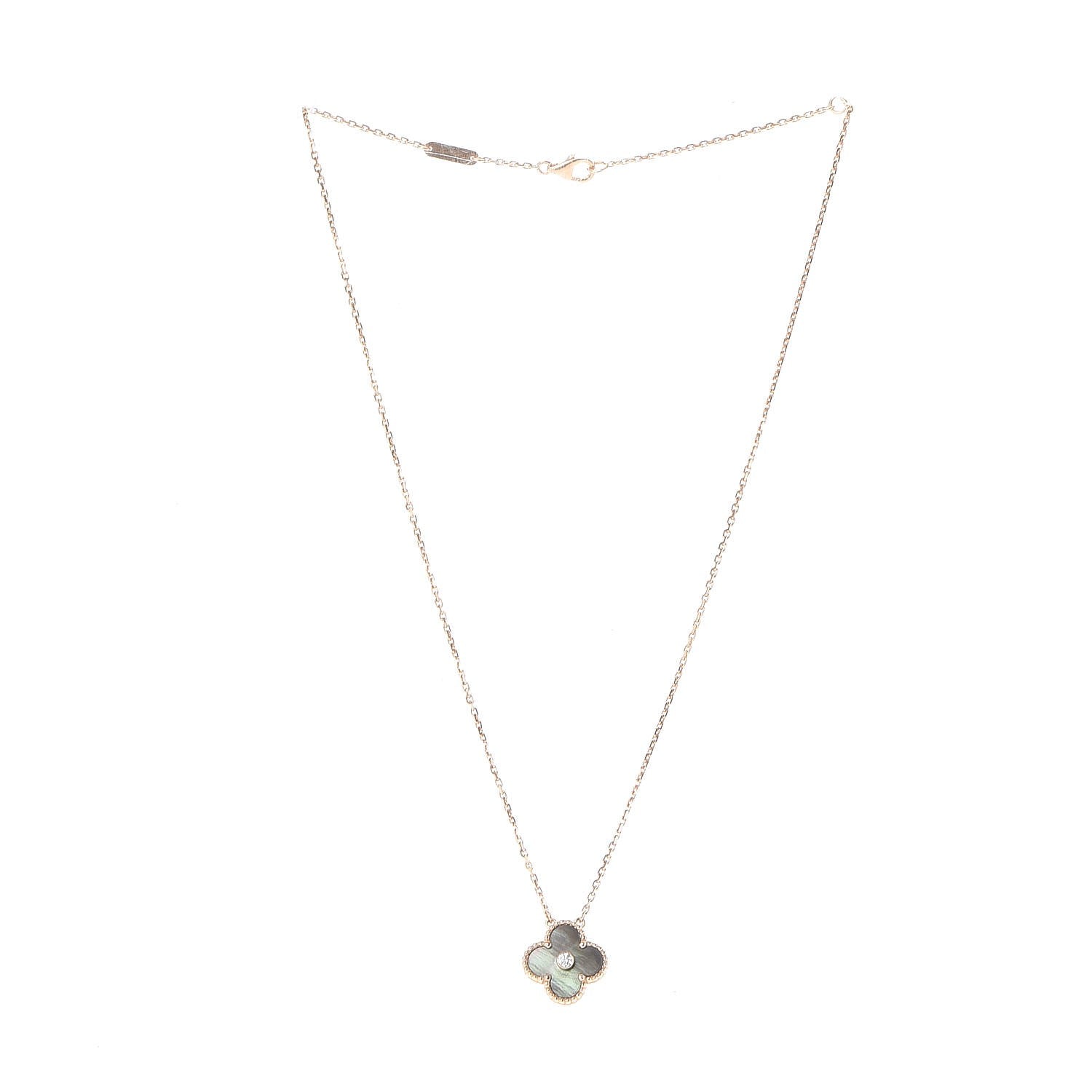 Van Cleef & Arpels 18K Rose Gold Diamond Grey Mother of Pearl Vintage Alhambra Pendant Necklace 4 of 9