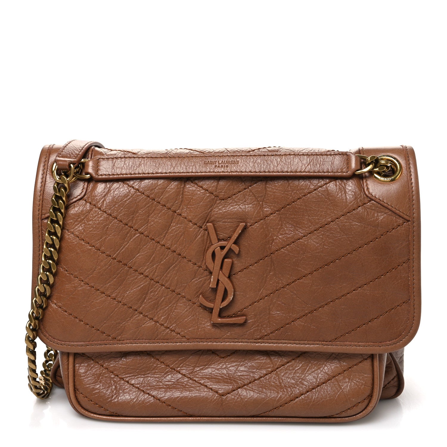 Saint Laurent Crinkled Calfskin Matelasse Monogram Medium Niki Chain Satchel Caramel 1 of 12