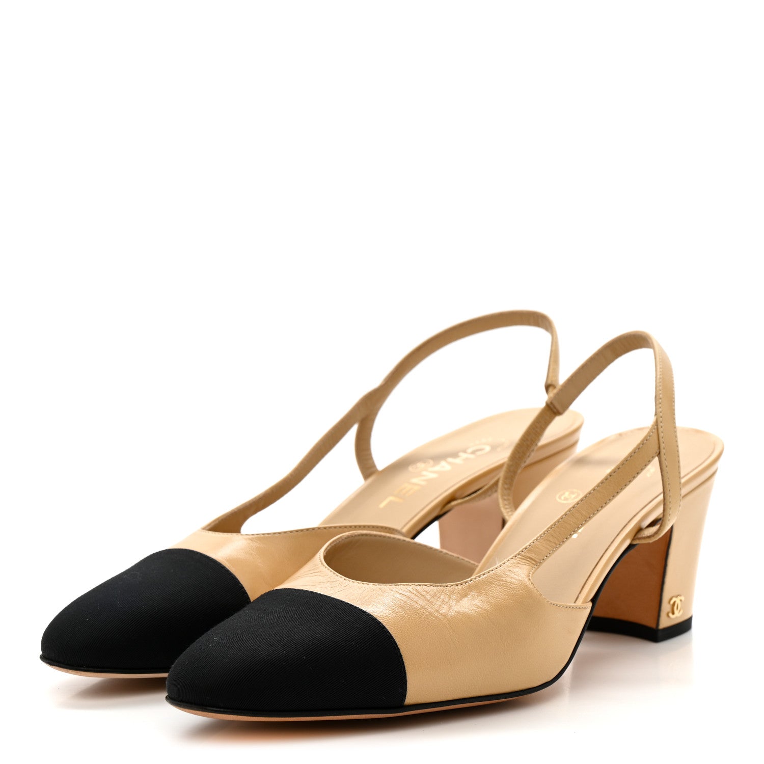 Chanel Goatskin Grosgrain Cap Toe CC Slingback Pumps 41 Beige Black 4 of 12